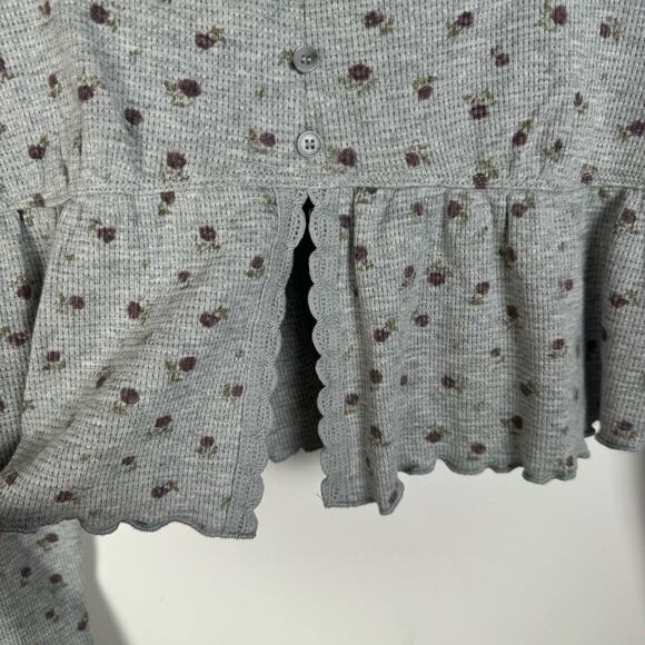 Kirious Babydoll Top Large Gray Floral Waffle Knit Long Sleeve Crop Fairycore - Picture 9 of 12
